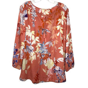 Soft Surroundings Top Sz L Women Orange Cotton Boho Cottage Floral Fall EUC